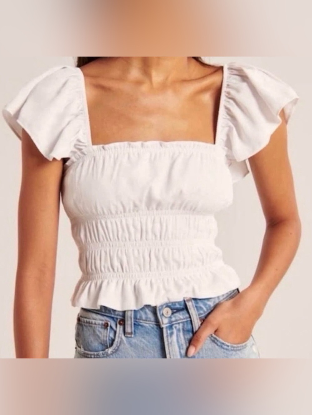 Abercrombie & Fitch White Smocked Off-Shoulder Crop Top